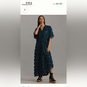 By Anthropologie Teal Fringe V-Neck Maxi Dress Kaftan One Size